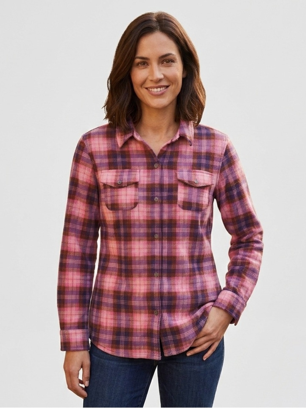 Eddie Bauer Pink and Purple Plaid Button-Down Shirt